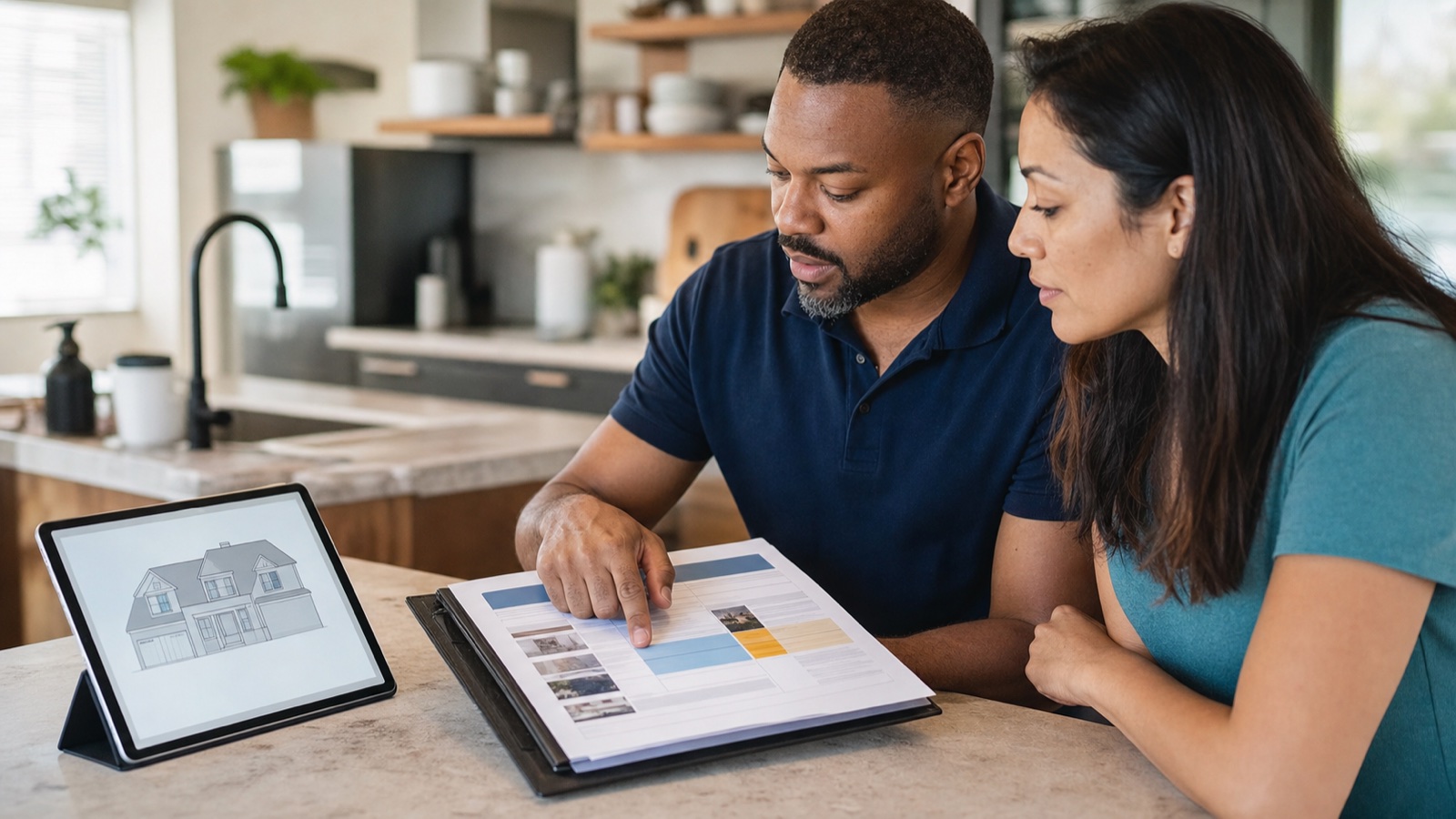Home inspector and buyer reviewing findings, photographs, repair priorities, and follow-up questions in an inspection report
